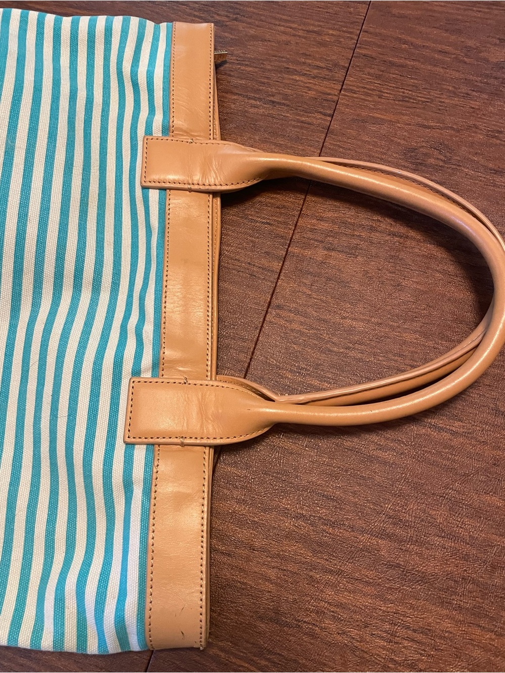 Tory Burch Turquoise and White Striped Canvas Tote with Tan Leather Trim - Picture 11 of 12